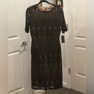 Sharagano Lace Sheath Dress. Black/Nude.